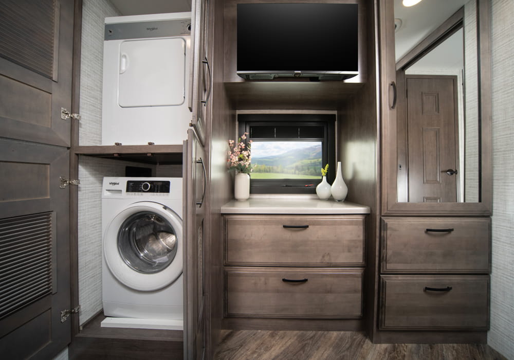 Entegra Coach Accolade washer and dryer cabinet