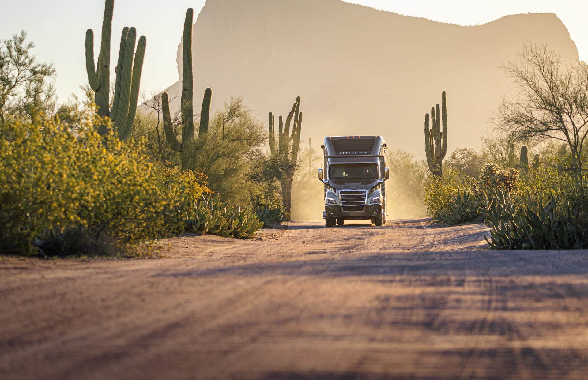 Entegra Coach motorhome on desert dirt road through saguaro landscape