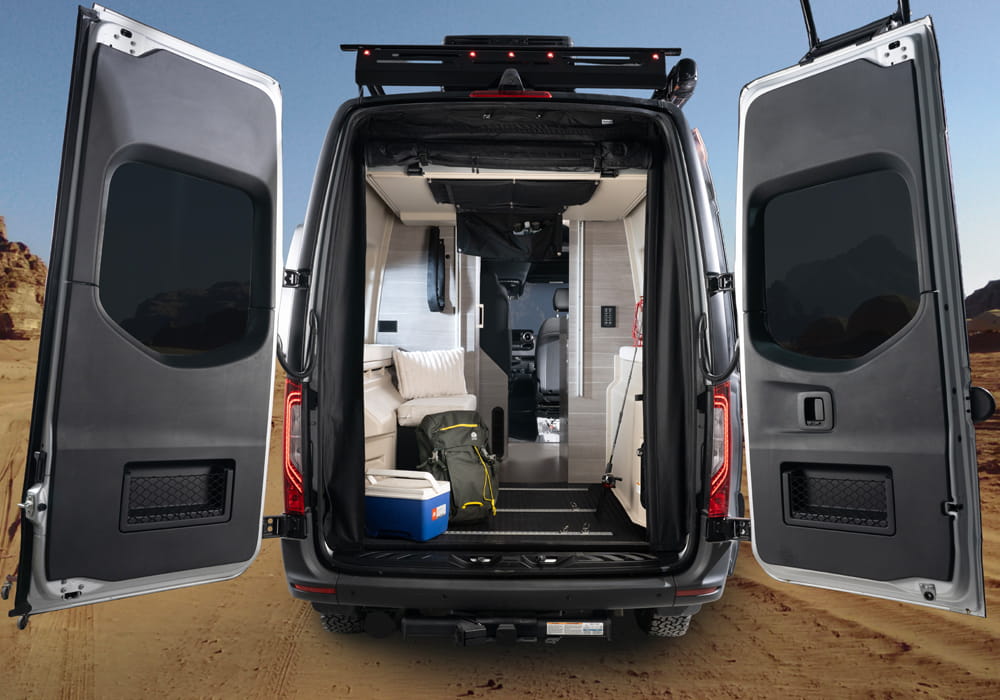 Entegra Coach Launch interior rear view through open back doors