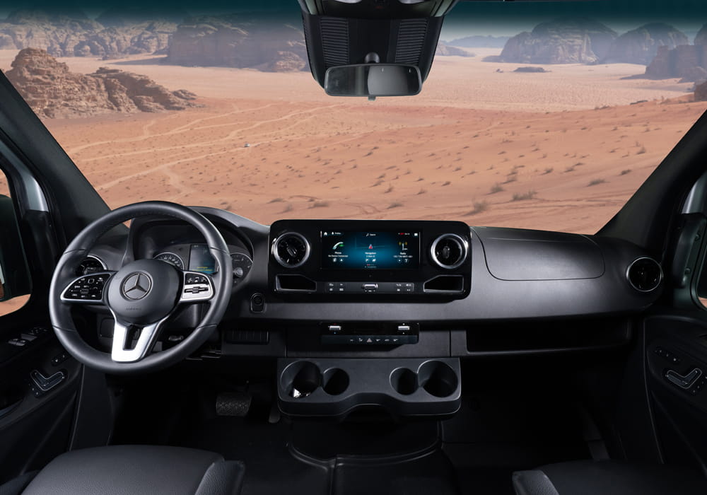 Entegra Coach Launch cockpit dashboard with desert windshield view