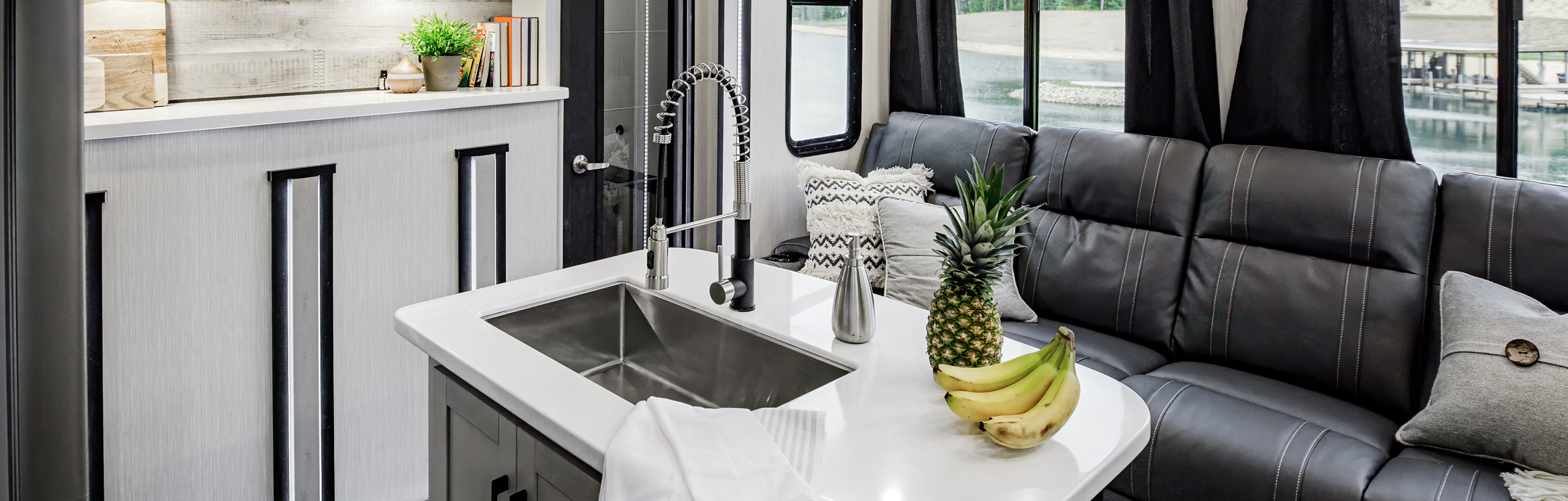 The interior of an RV, showing the living room.
