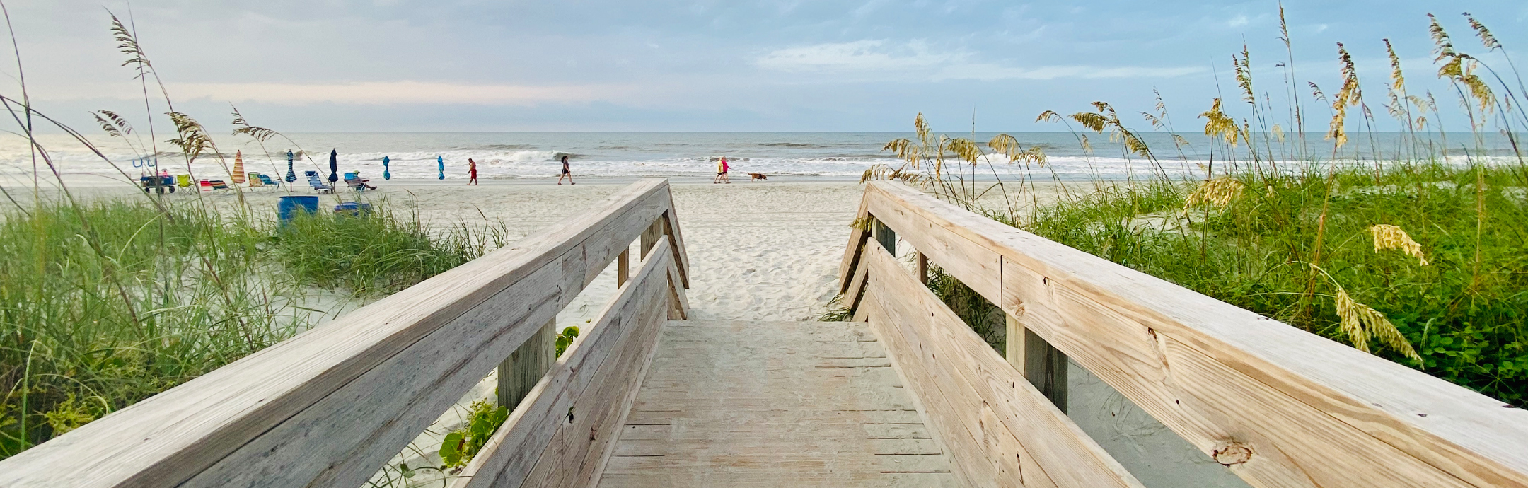 A view down a beach walkway, facing the shoreline.